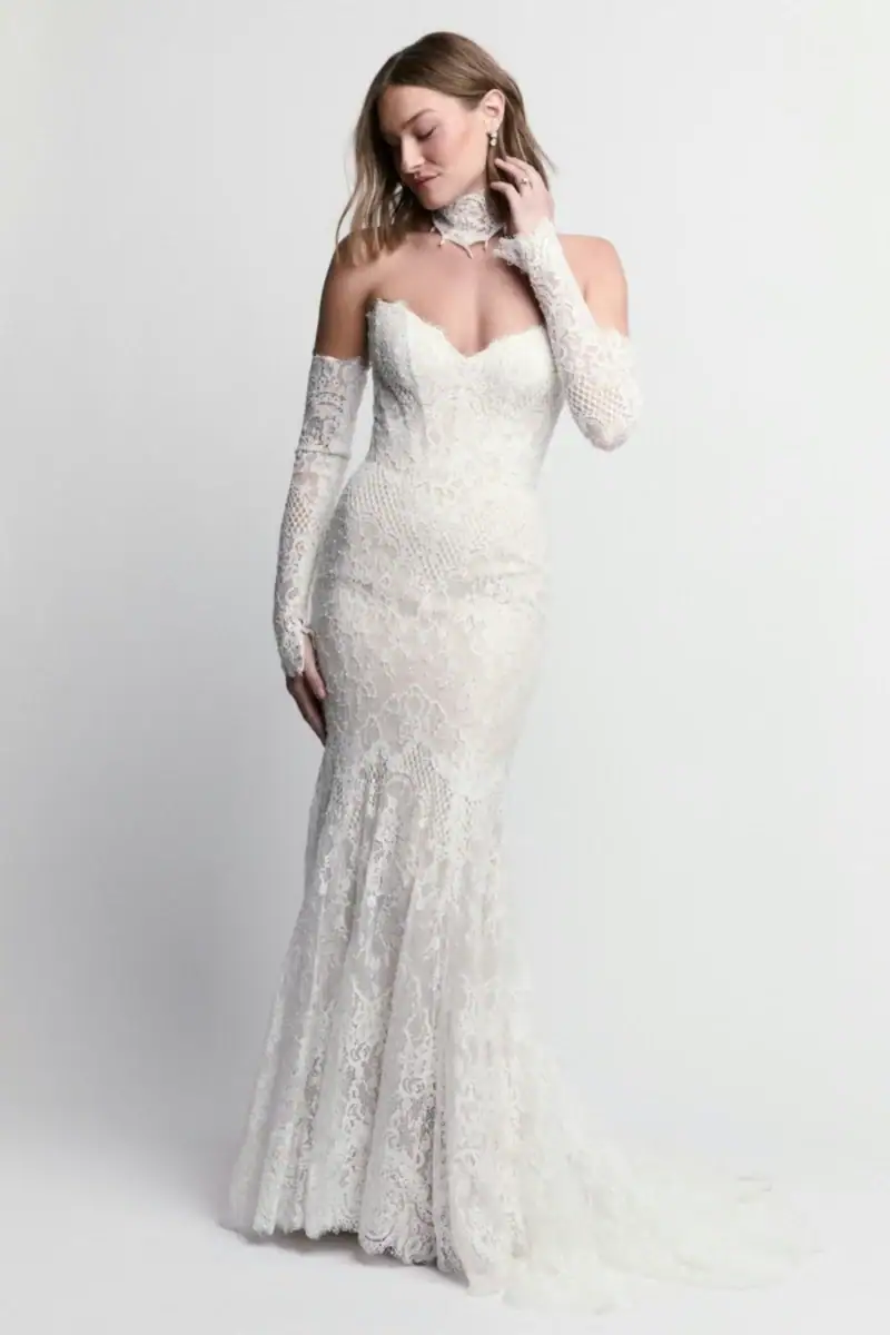 full front of locket by watters santi ivory lace fit and flare wedding dress with matching detached long sleeves