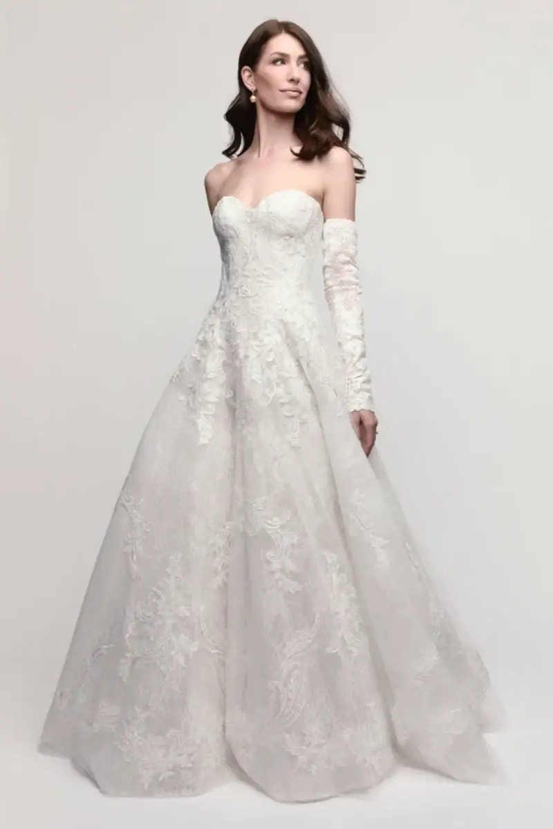 wtoo by watters lace ball gown with drop waist and matching lace sleeves