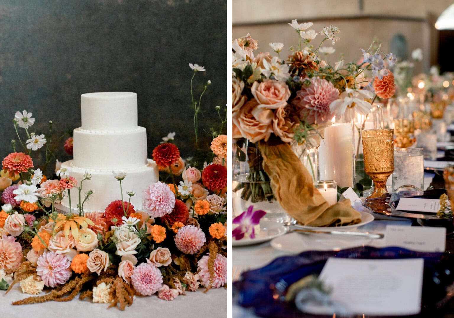 wedding cake and floral arrangements on bridal tables