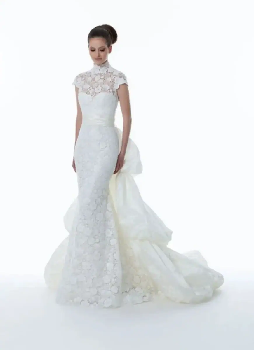 lace fit n flare wedding dress with matching topper and layered train