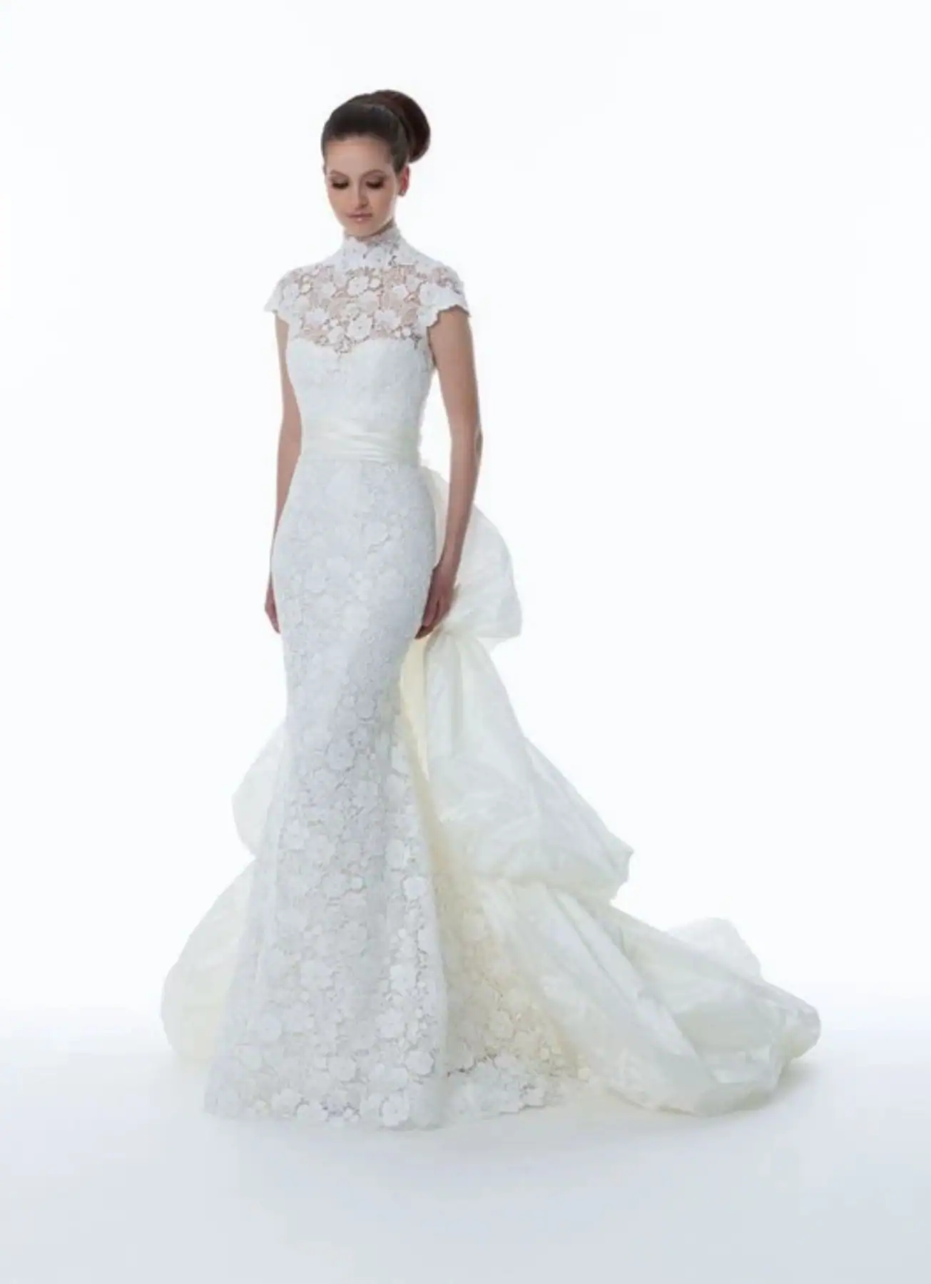 lace fit n flare wedding dress with matching topper and layered train