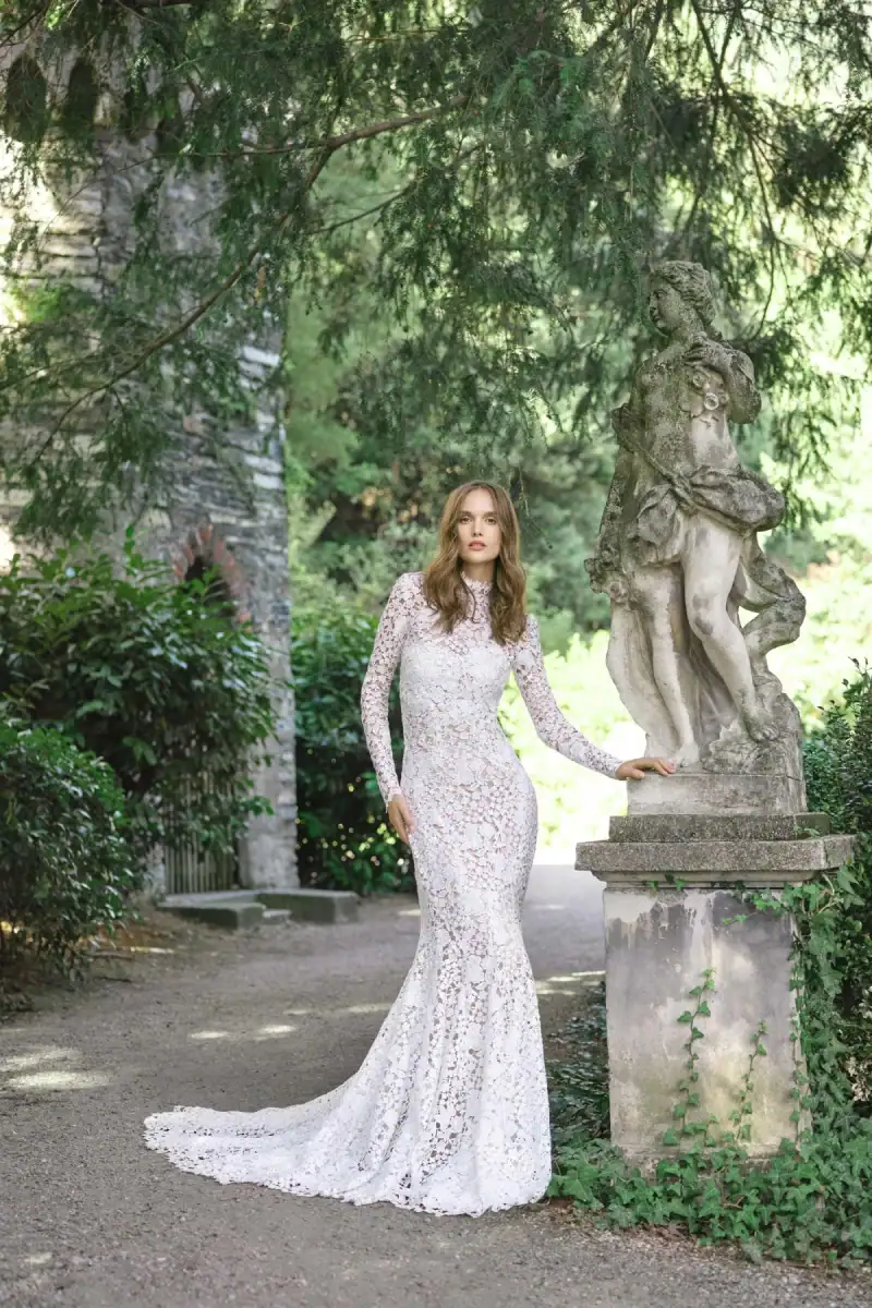 monique lhuillier lace fit n flare wedding dress with long sleeves