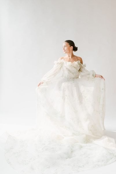 Monique Lhuillier Bloom off the shoulder floral ball gown bridal dress