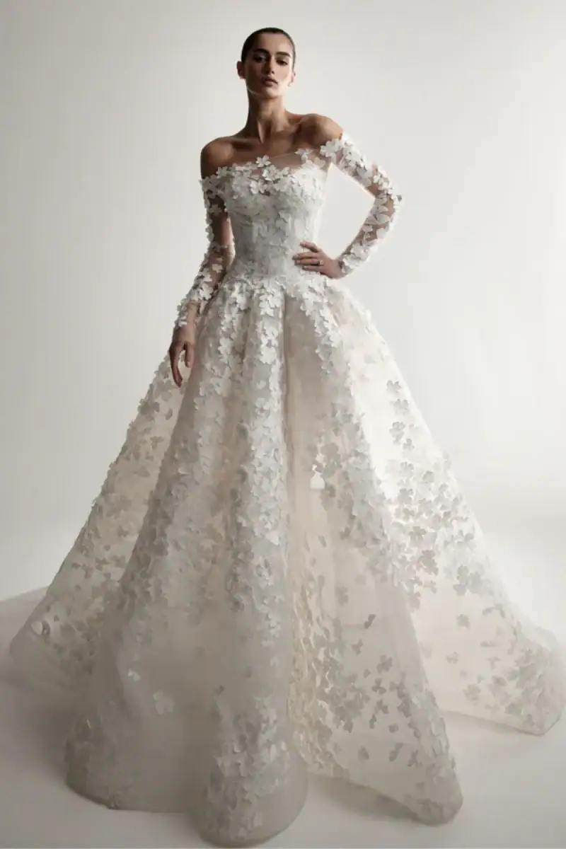 Monique Lhuillier lace ball gown with long sleeves