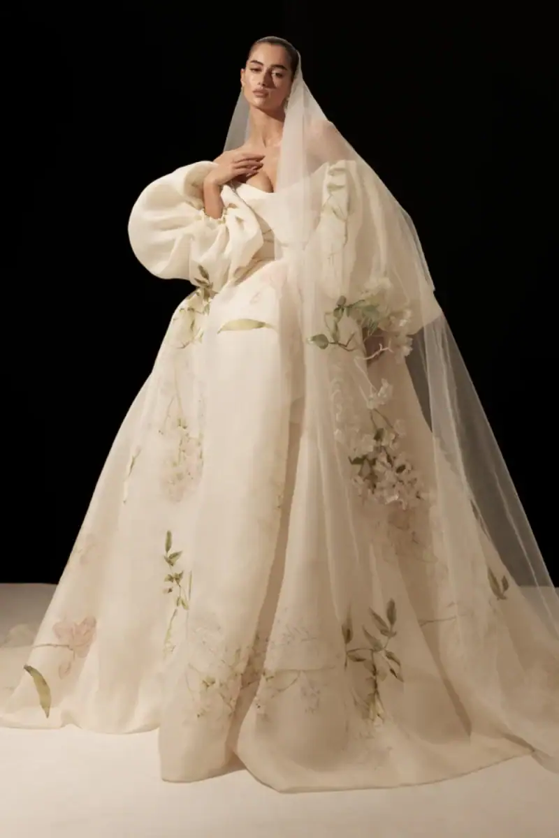 floral printed ball gown wedding dress with matching sleeves
