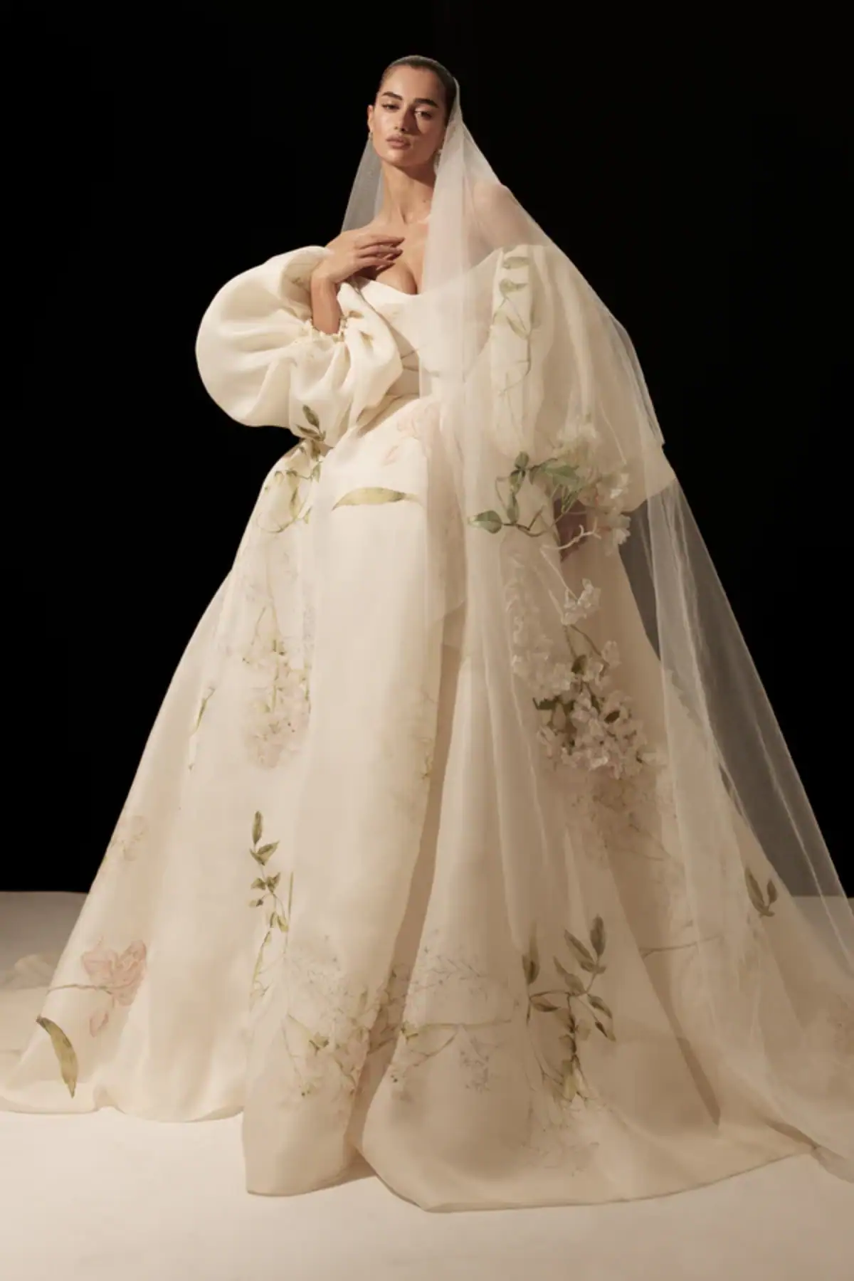 floral printed ball gown wedding dress with matching sleeves