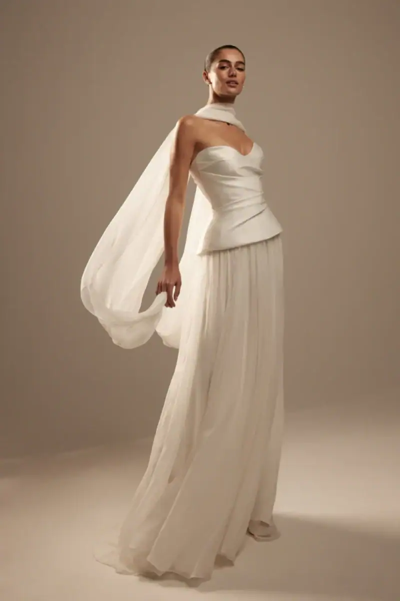 Monique Lhuillier chiffon basque waist wedding dress