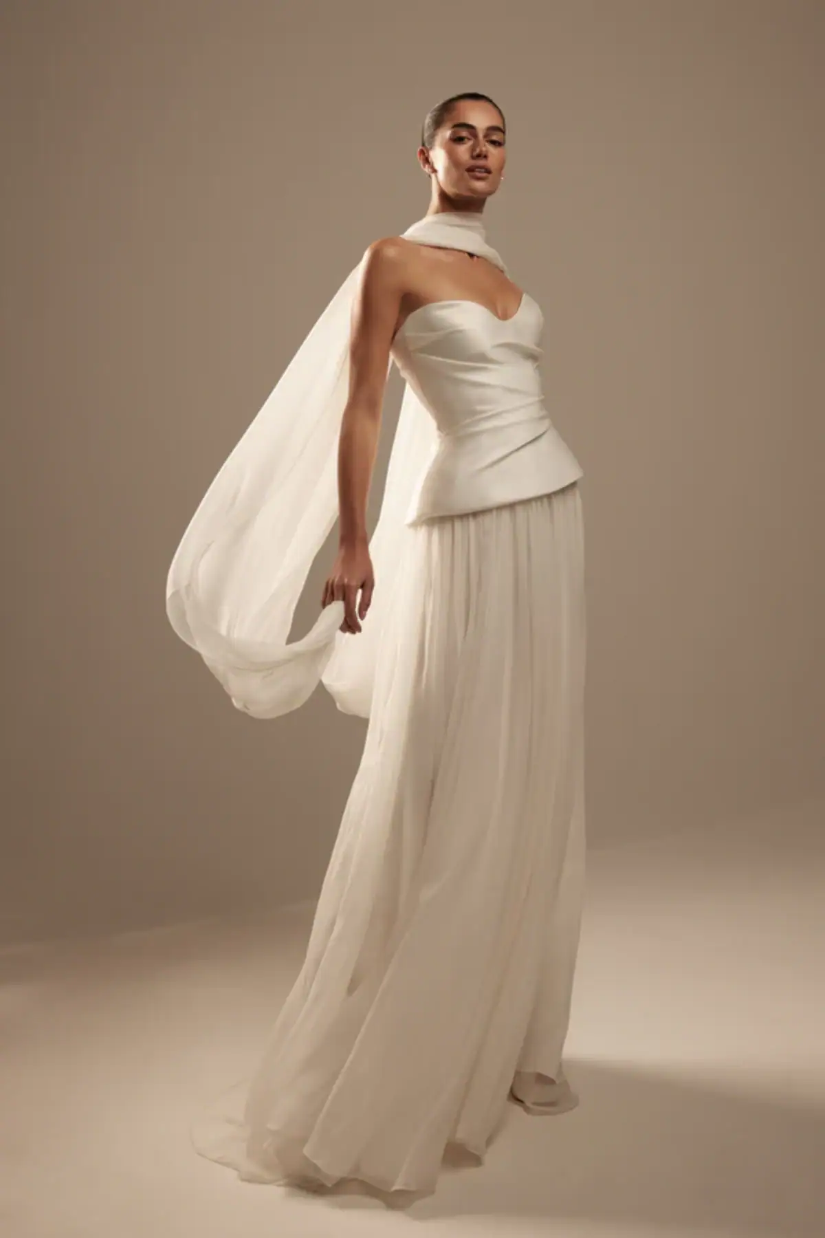 Monique Lhuillier chiffon basque waist wedding dress