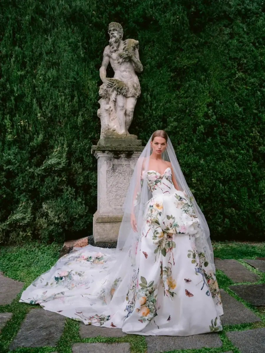 monique lhuillier ravello printed ball gown wedding dress