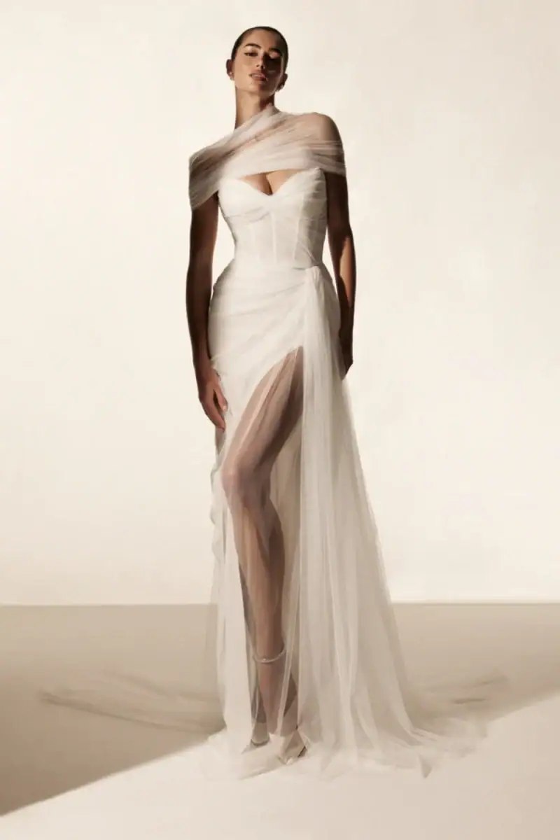 Monique Lhuillier tulle draped wedding dress