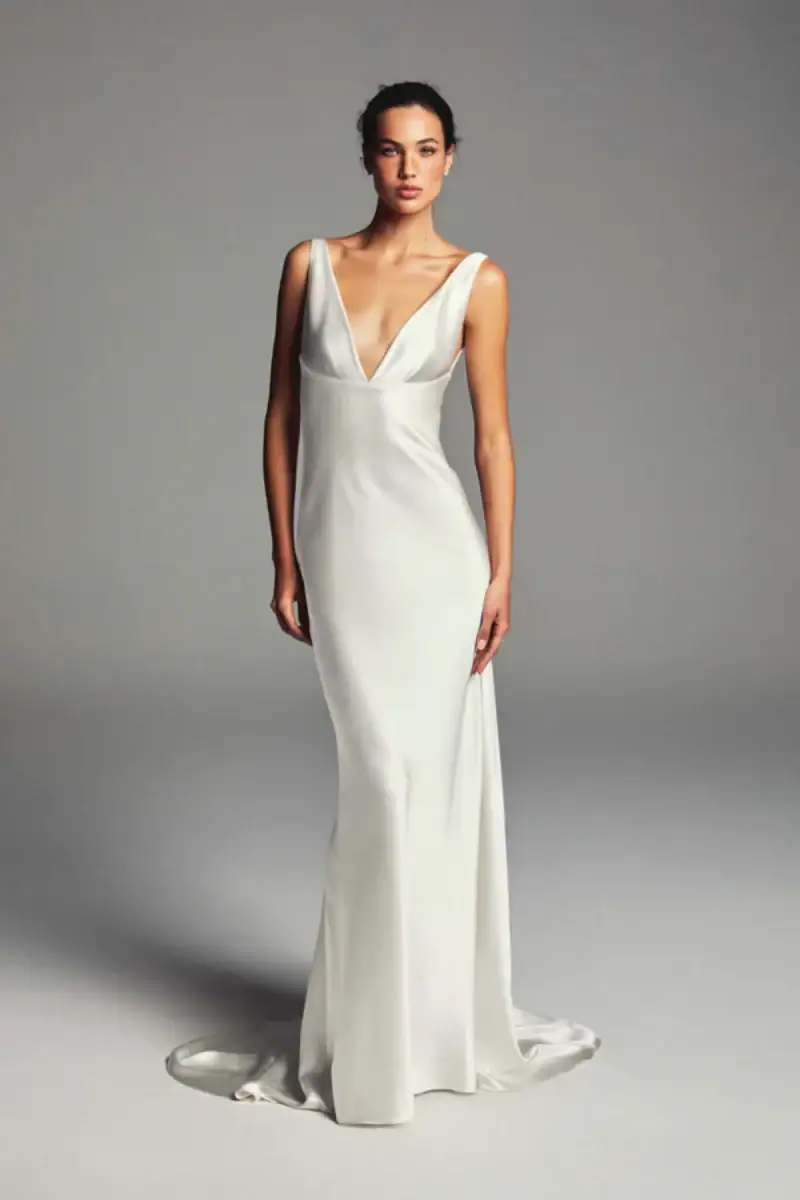 full front of monique lhuillier tribeca ivory silky satin wedding dress with a v neckline and thick straps