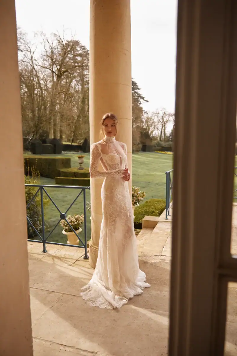 neta benshabu aphrodite fitted lace wedding dress with high neck