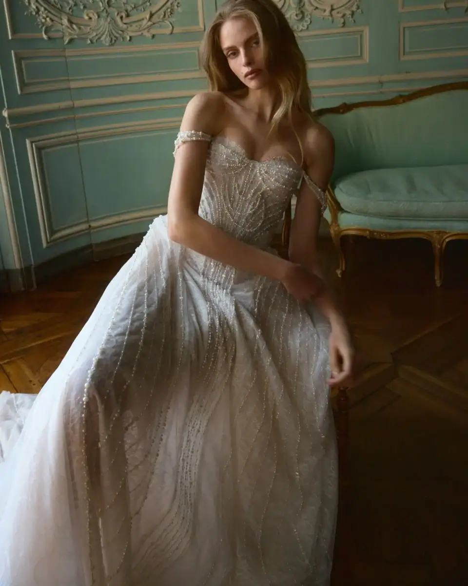 netta benshabu claudette beaded a-line wedding dress with sweetheart neckline and off the shoulder straps