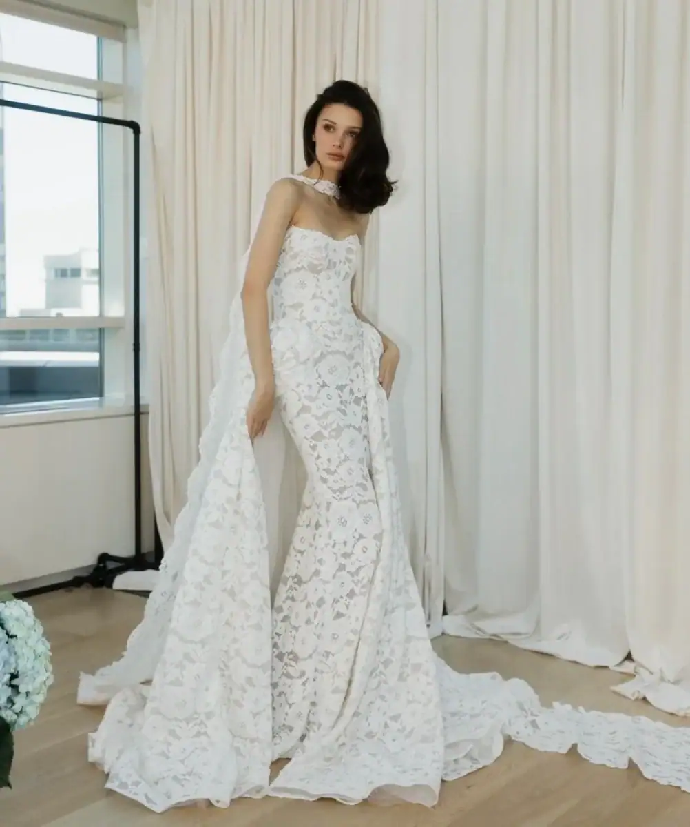 lace fit n flare wedding dress with matching scarf and overskirt