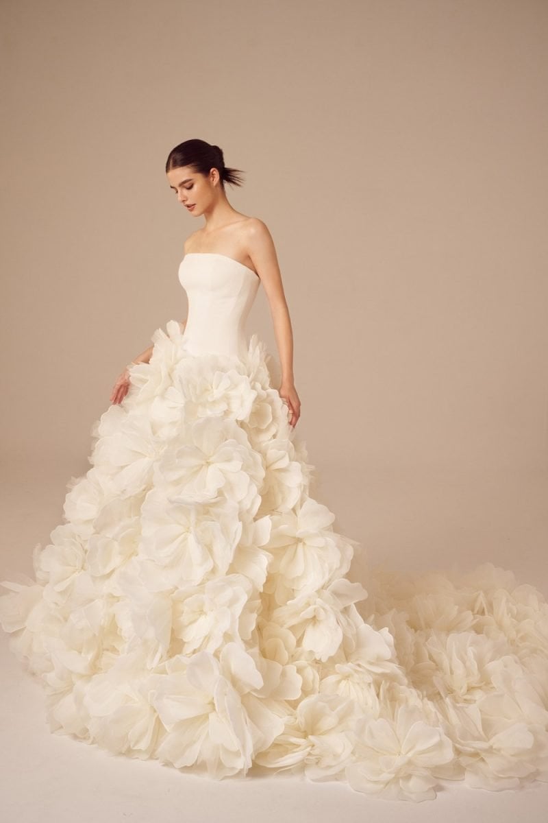 Nicole + Felicia NF047LUXE strapless ball gown wedding dress with textured floral skirt