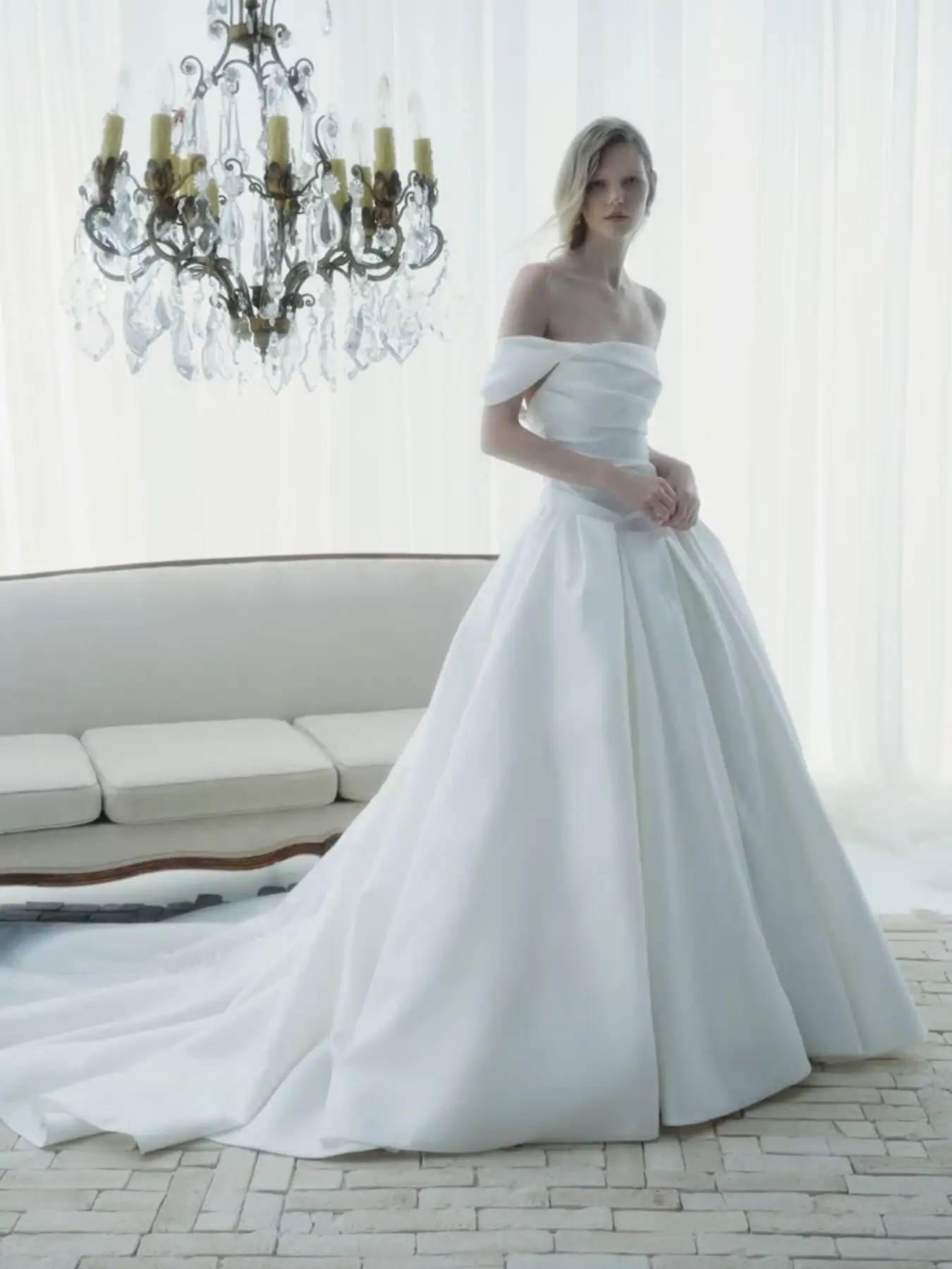rivini silky ball gown wedding dress with dropped waist and off the shoulder straps