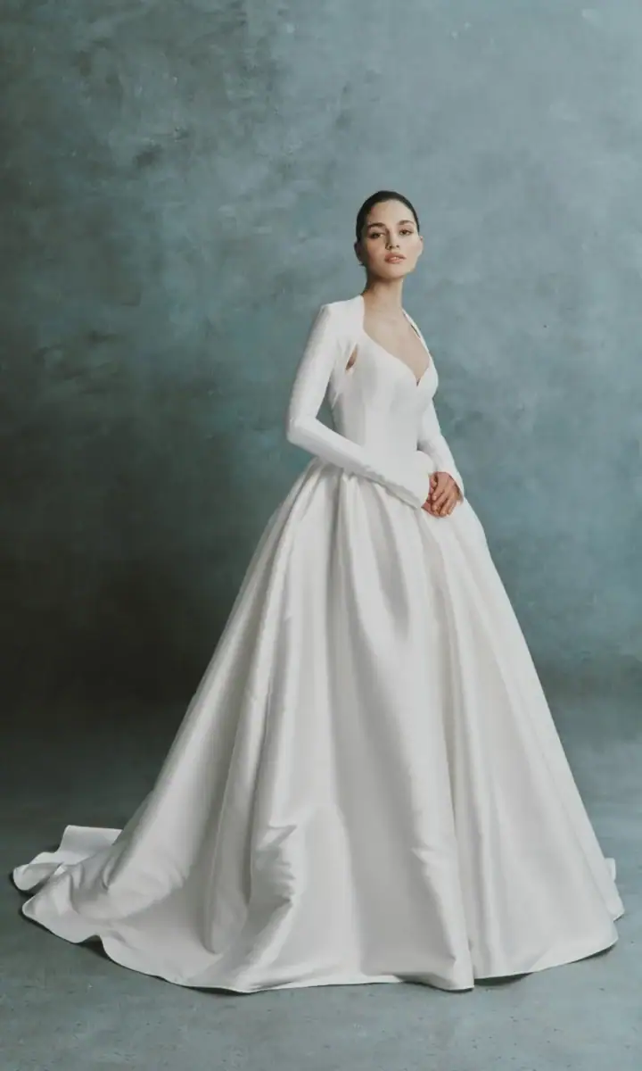 full front of senstudio se125 mikado ball gown wedding dress with a matching long sleeve jacket
