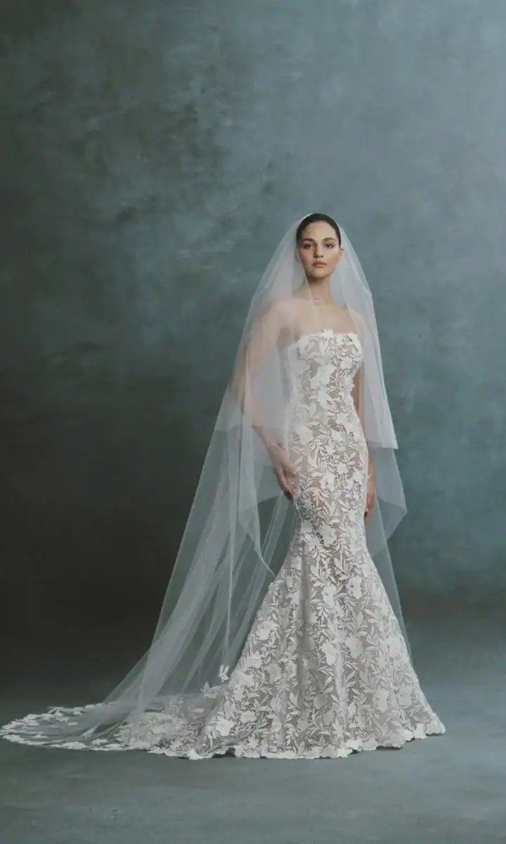 full front of senstudio se132 ivory and nude lace fitted wedding dress with a straight strapless neckline