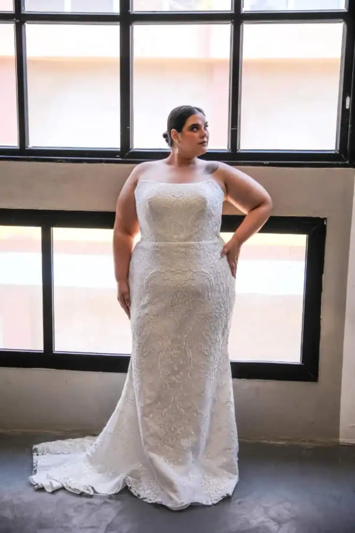 floral printed fit and flare wedding dress with strapless cat eye bodice