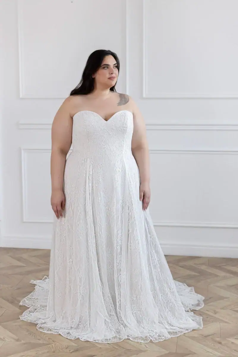 lace a-line wedding dress with strapless sweetheart neckline
