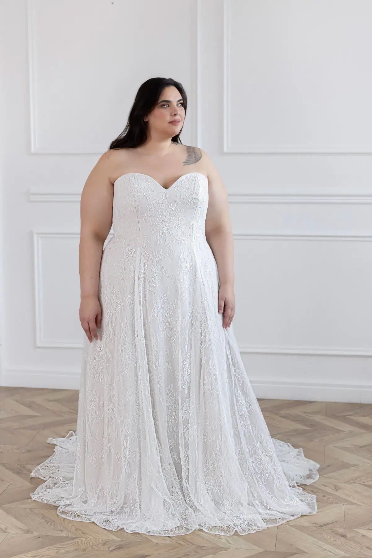 lace a-line wedding dress with strapless sweetheart neckline