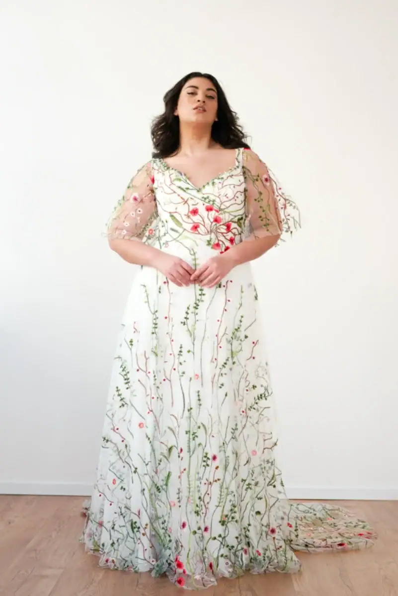 studio levana summer a-line wedding dress with colorful embroidered details
