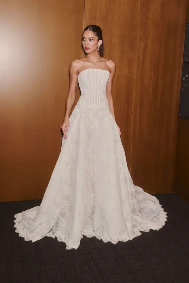 full front of veronica di santo the romance ivory lace a-line wedding dress with a drop waist and strapless bodice