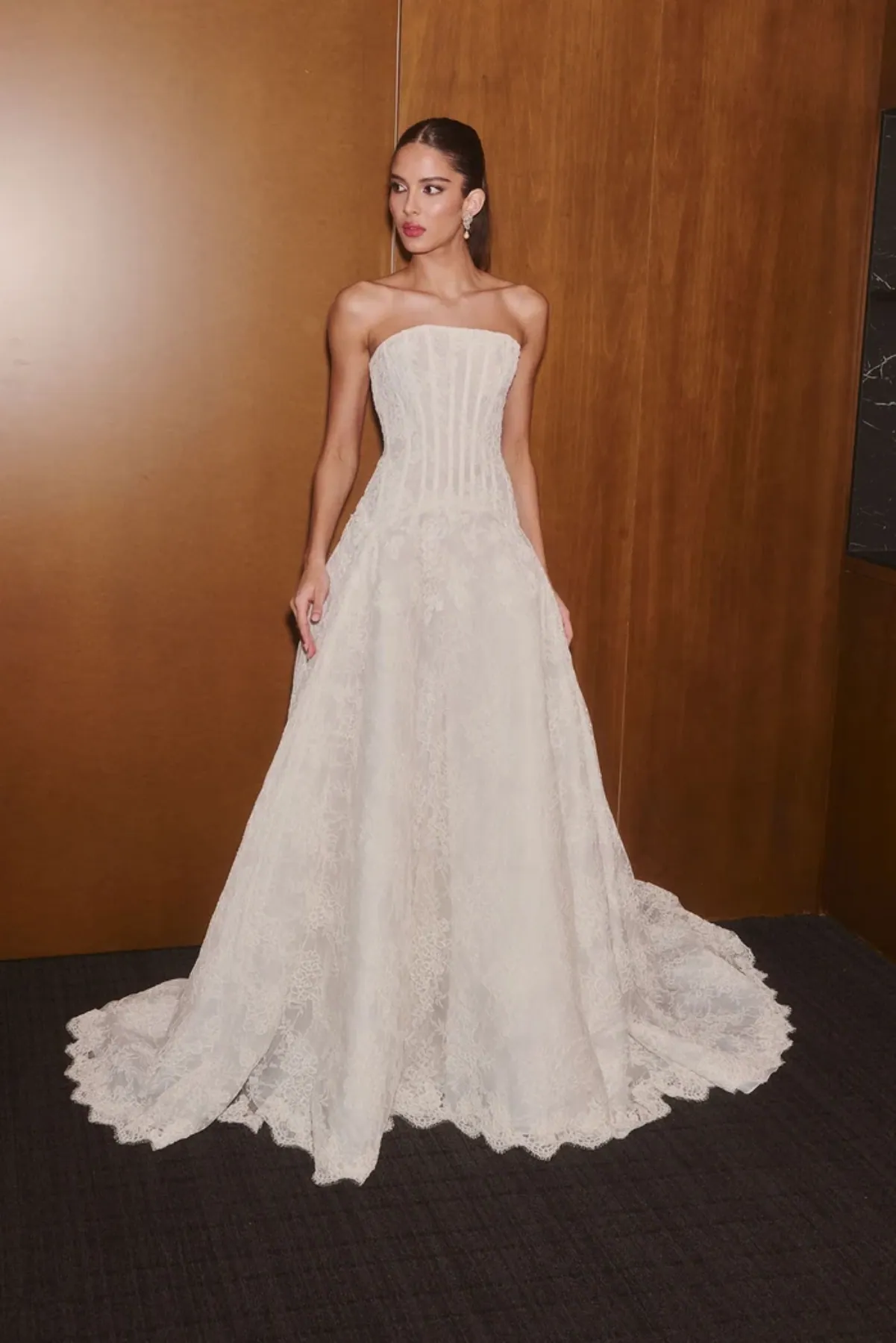 full front of veronica di santo the romance ivory lace a-line wedding dress with a drop waist and strapless bodice