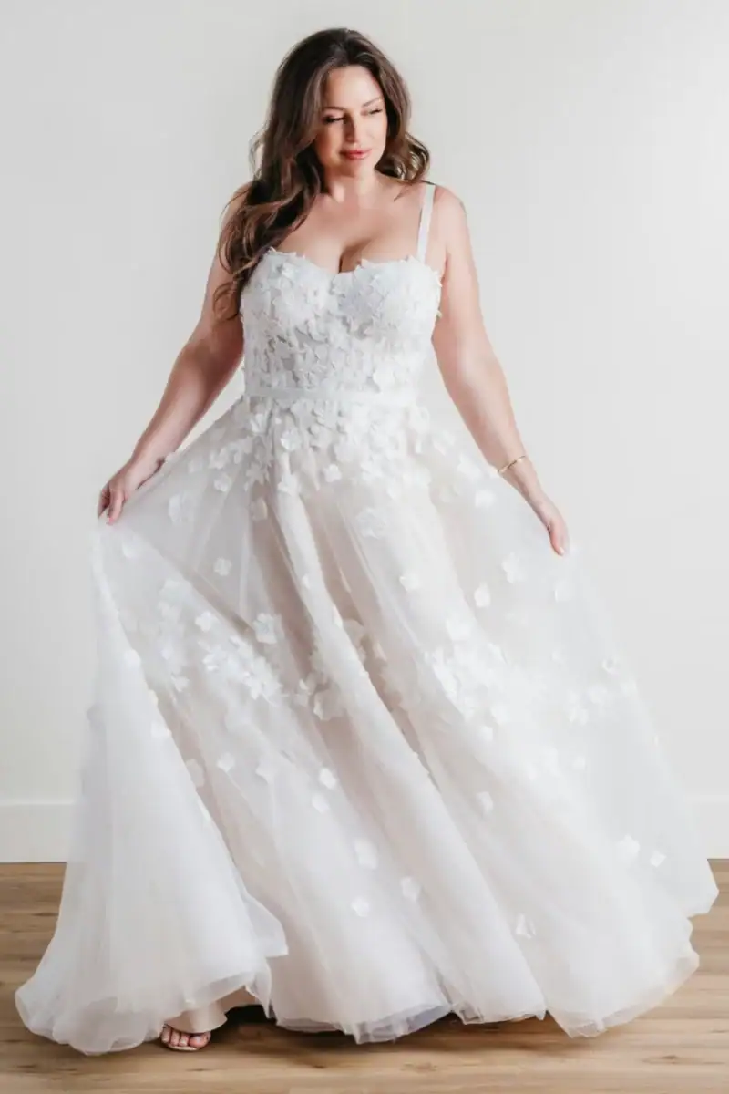 watters abigail tulle a-line wedding dress with scattered lace appliques and a sweetheart neckline