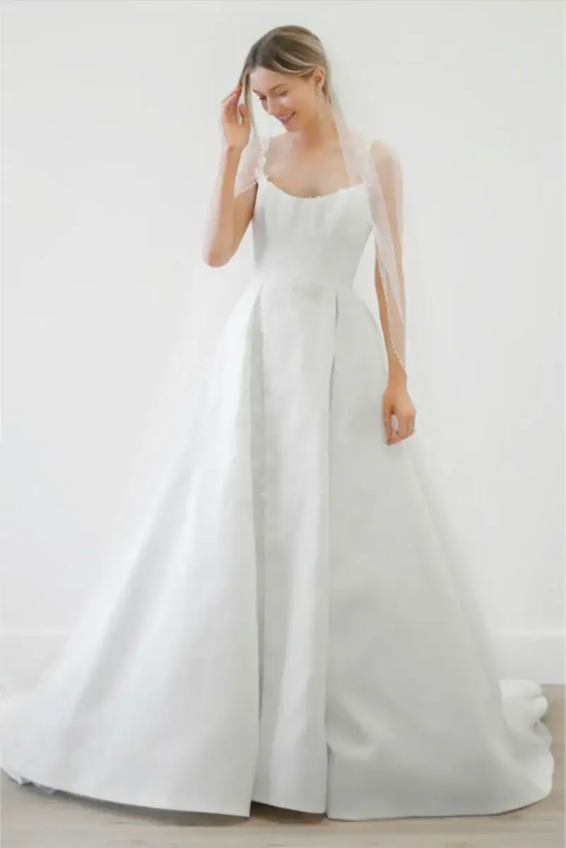 watters addison satin a-line wedding dress with a floral print and scoop neckline