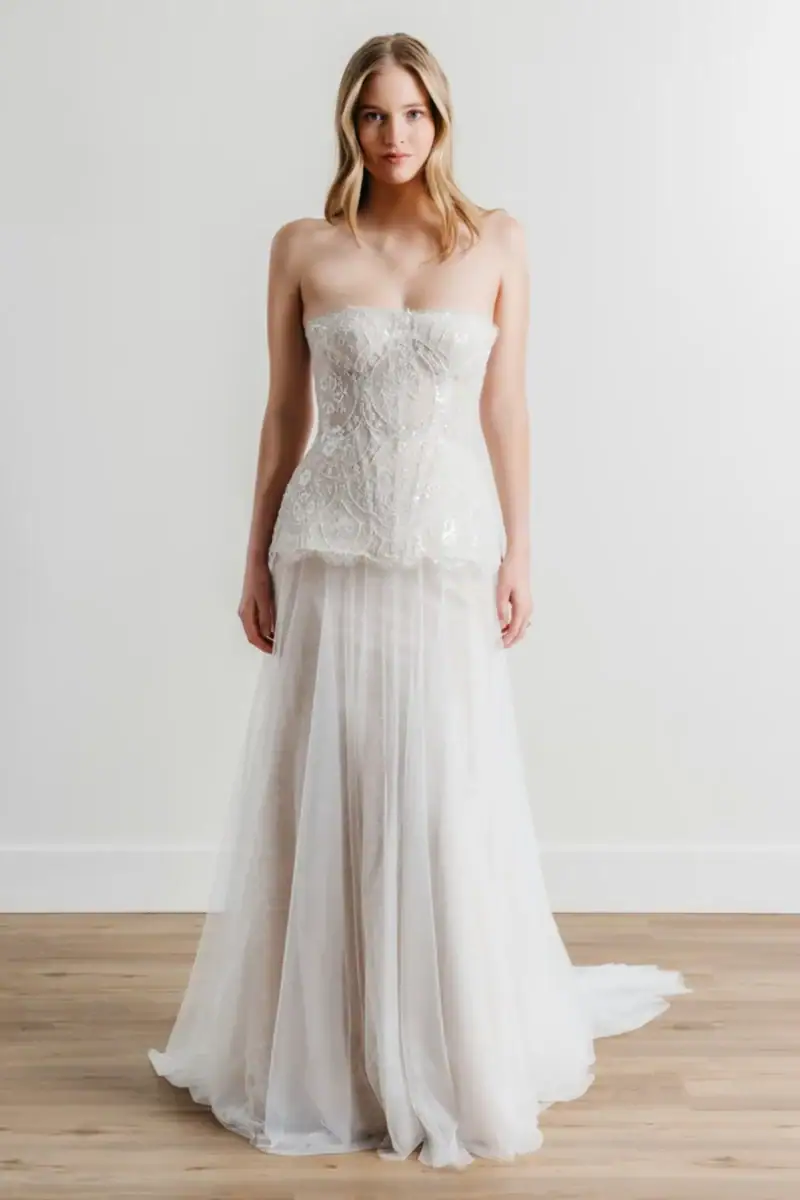 watters brookhaven tulle sheath wedding dress with a drop waist beaded bodice