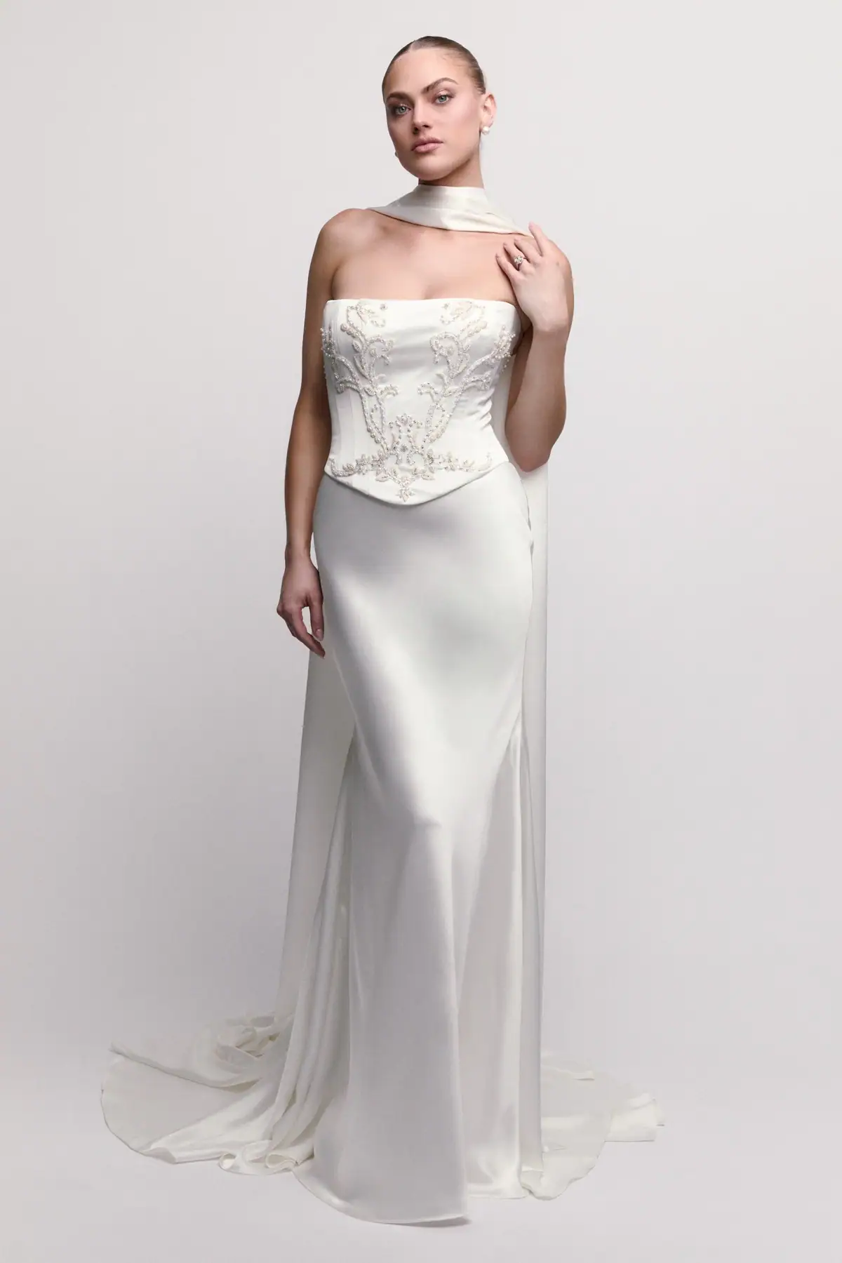 Silky sheath wedding dress with basque waist and matching neck scarf