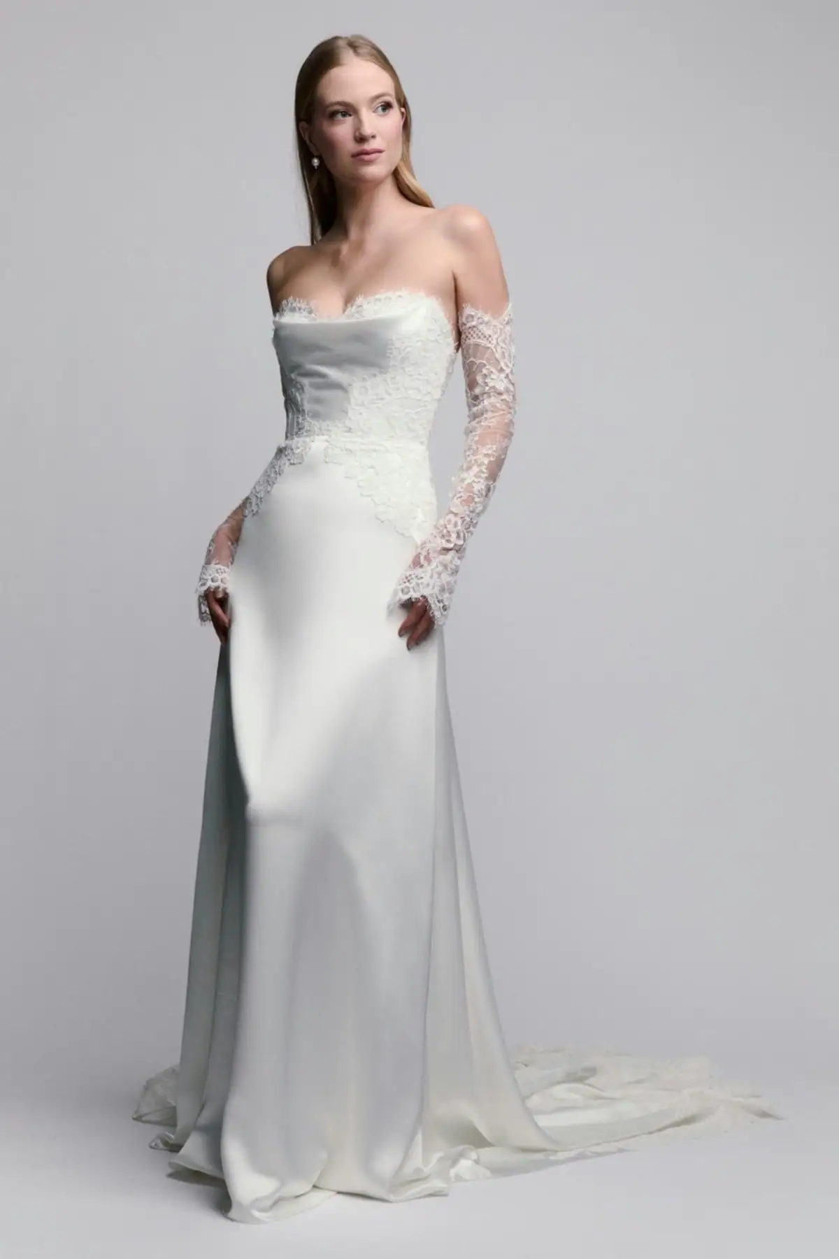 full front of watters clemence ivory silky sheath wedding dress with matching long lace sleeves