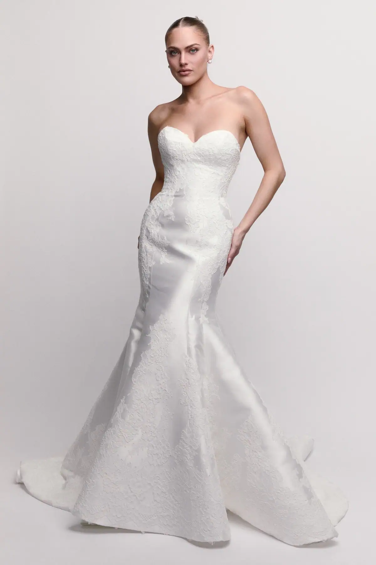 Printed fit and flare wedding dress with strapless sweetheart neckline