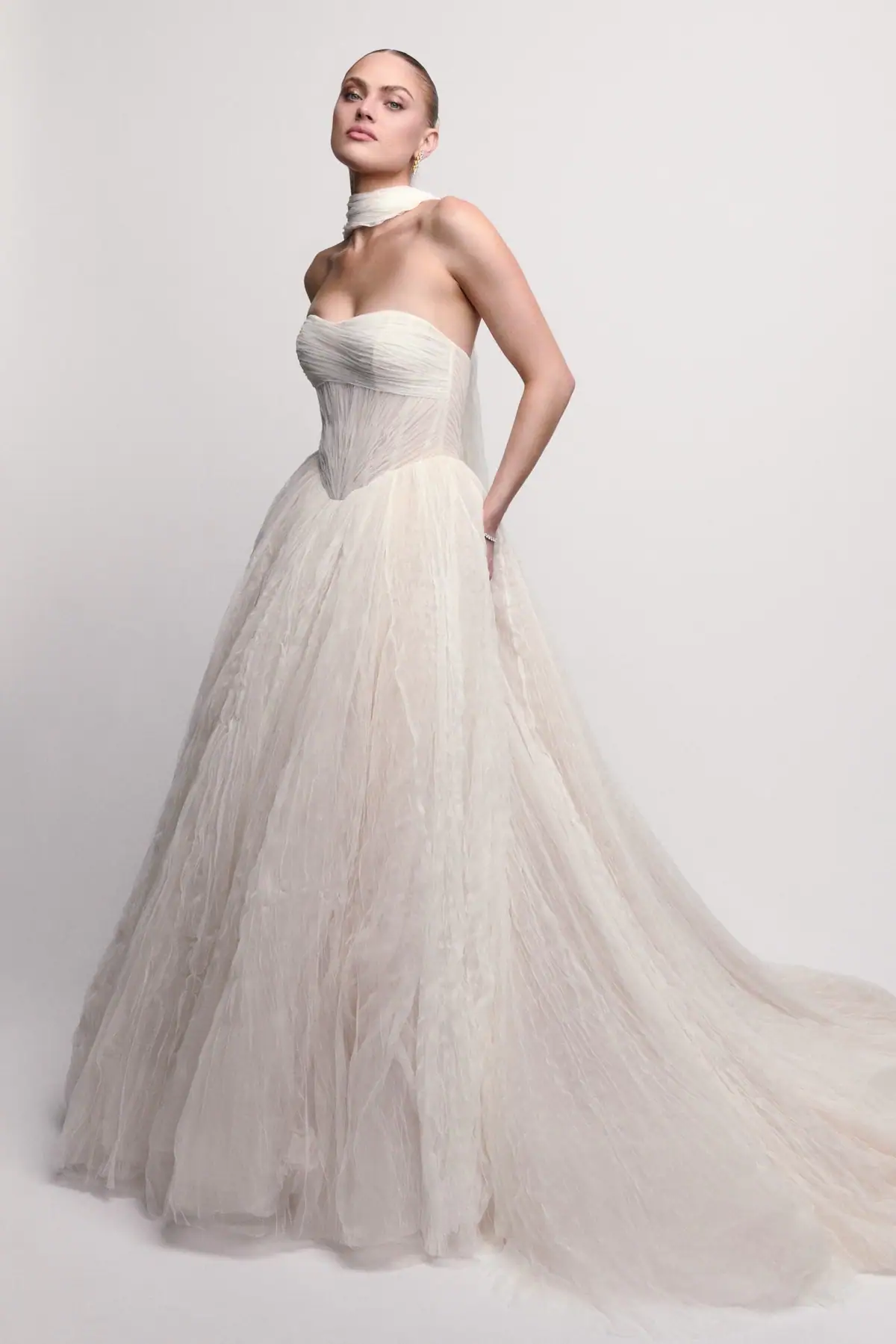 Tulle ball gown wedding dress with basque waist and matching neck scarf