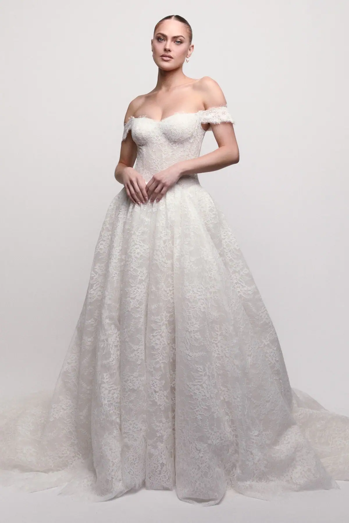 Lace ball gown wedding dress with off the shoulder straps