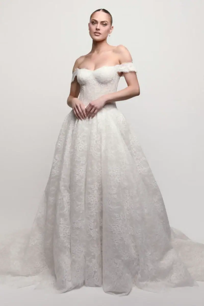 watters daniella lace ball gown with drop waist and off the shoulder neckline