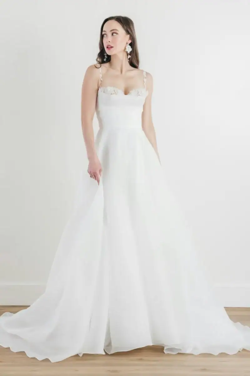 watters dianthus organza a-line wedding dress with peekaboo lace accents on the neckline