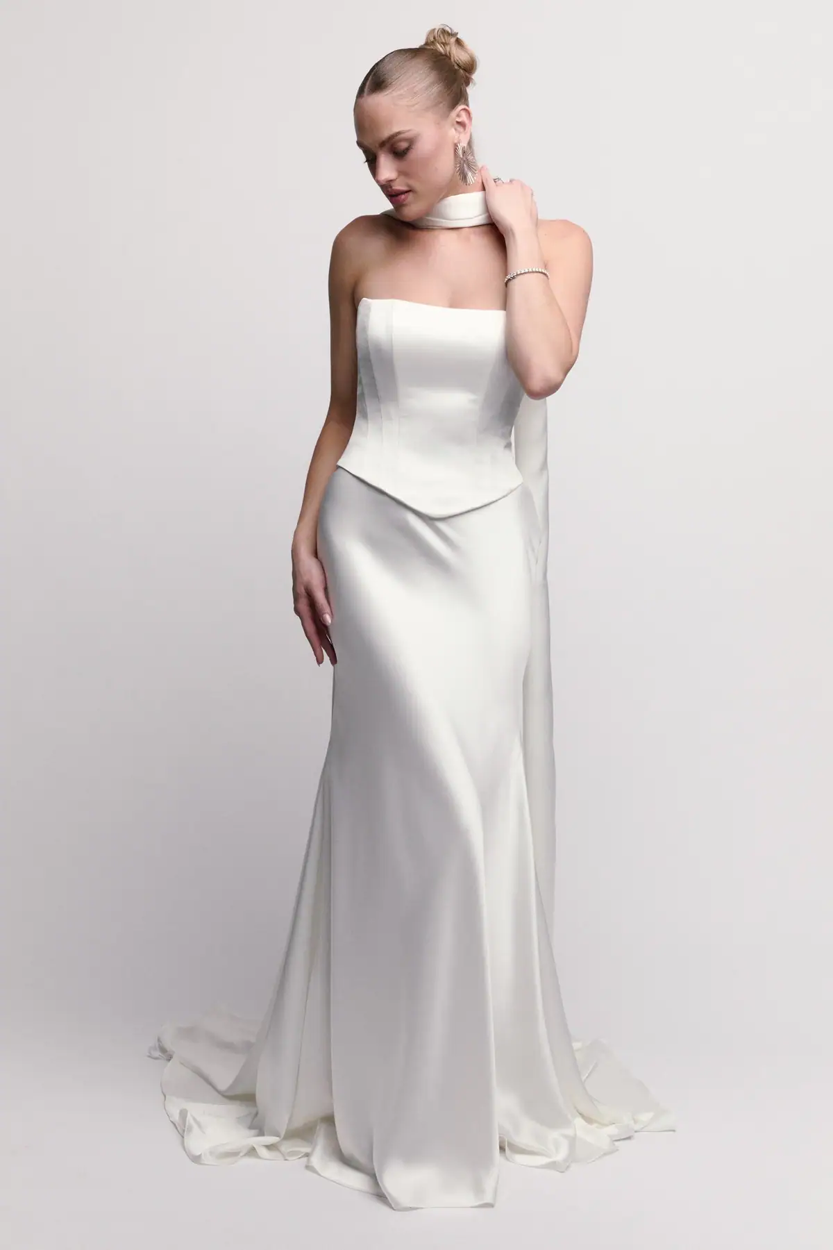 Silky sheath wedding dress with basque waist and matching neck scarf