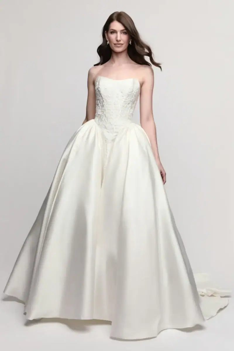 watters fern silky ball gown wedding dress with a drop waist and lace details on the bodice