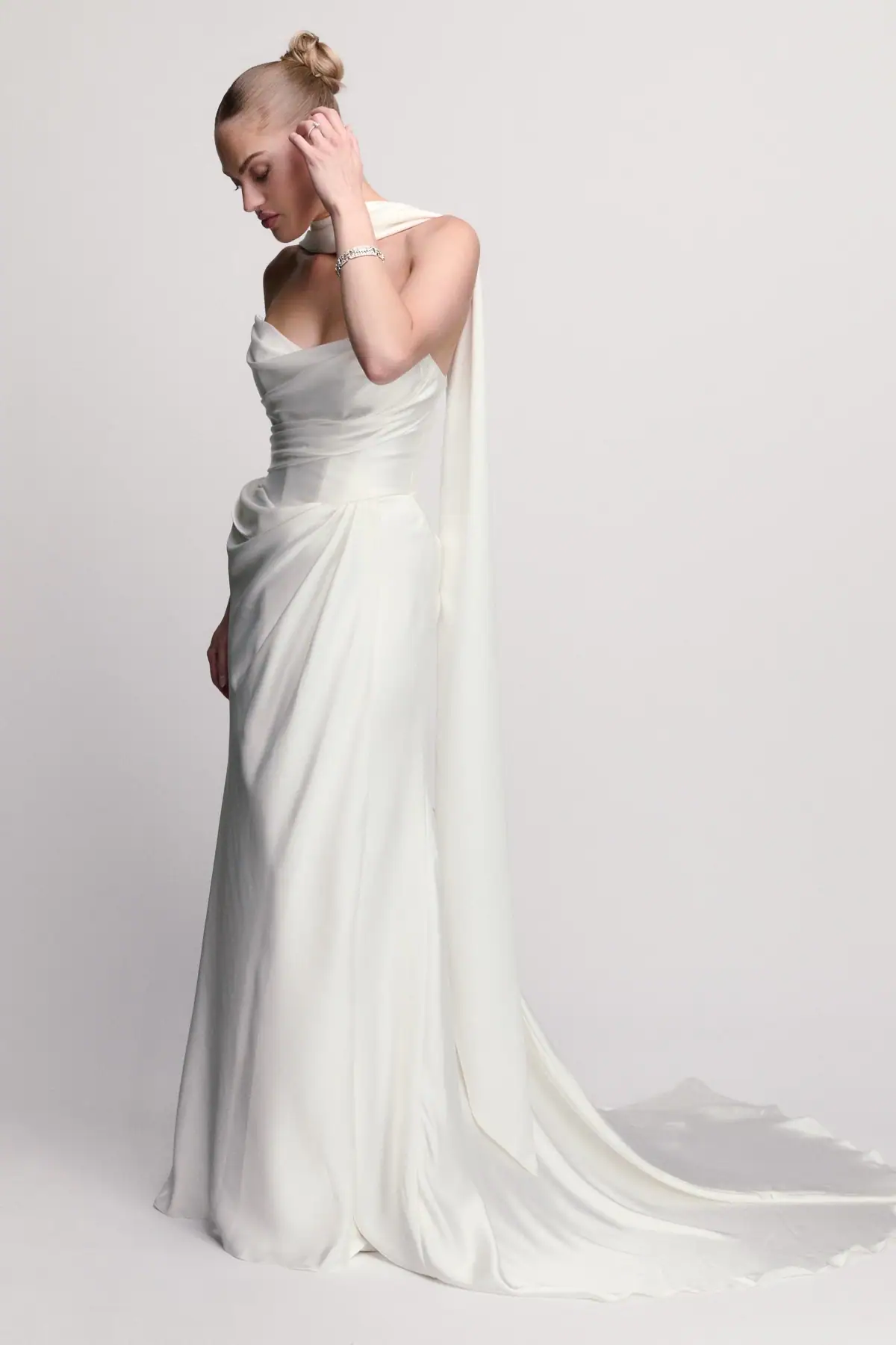Silky sheath wedding dress with matching neck scarf