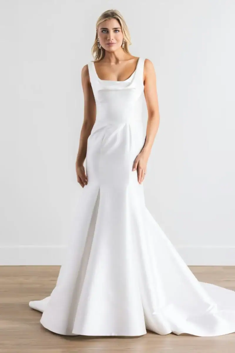 watters hadley satin fitted wedding dress with a square neckline and pleated skirt