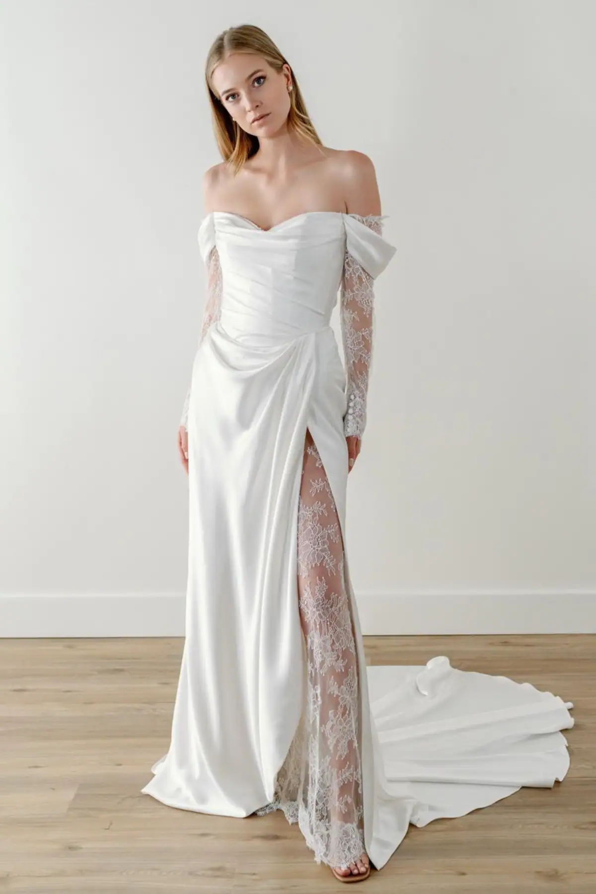 watters harlow long sleeve wedding dress with lace details