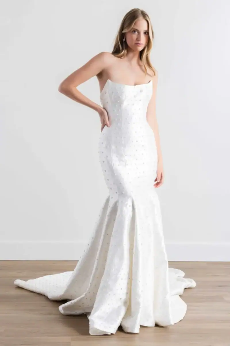 watters iola satin fitted wedding dress covered in beaded accents throughout