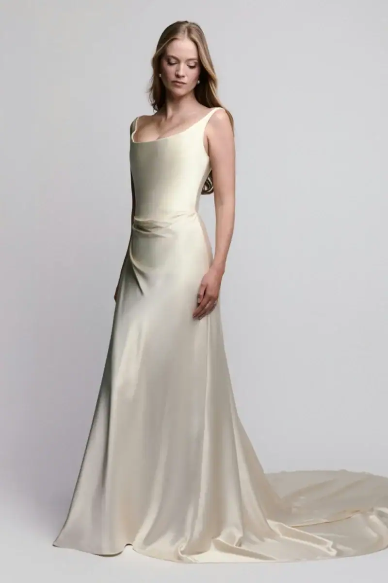 full front of watters janelle ivory sheath wedding dress with square neckline and chapel length train
