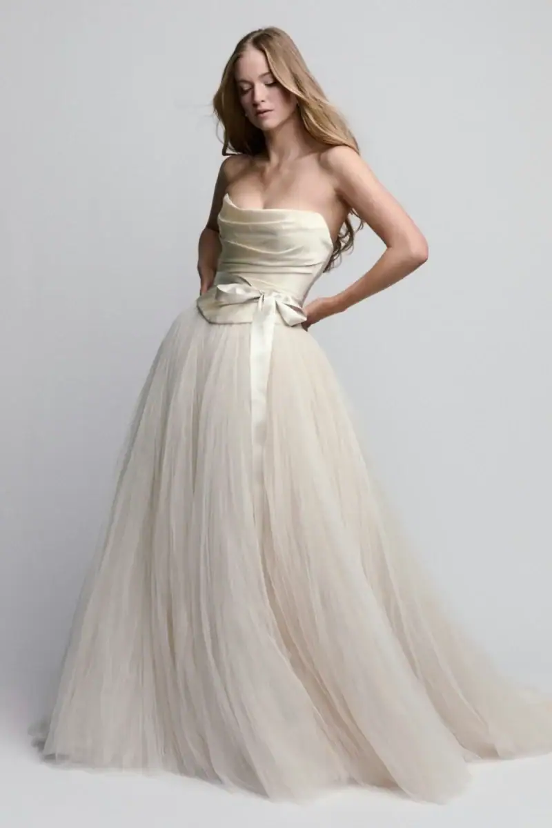watters jianna tulle a-line wedding dress with a satin bodice with a basque waist and bow