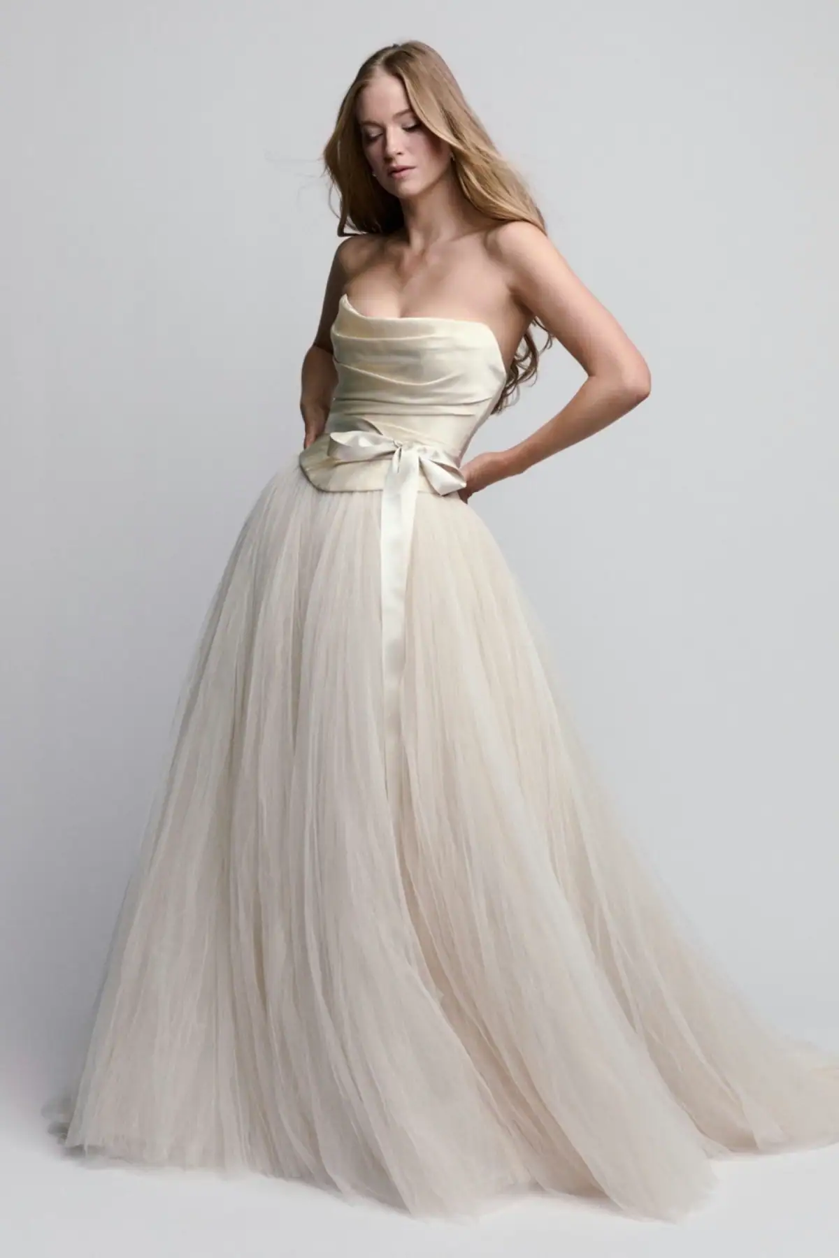 watters jianna tulle a-line wedding dress with a satin bodice with a basque waist and bow