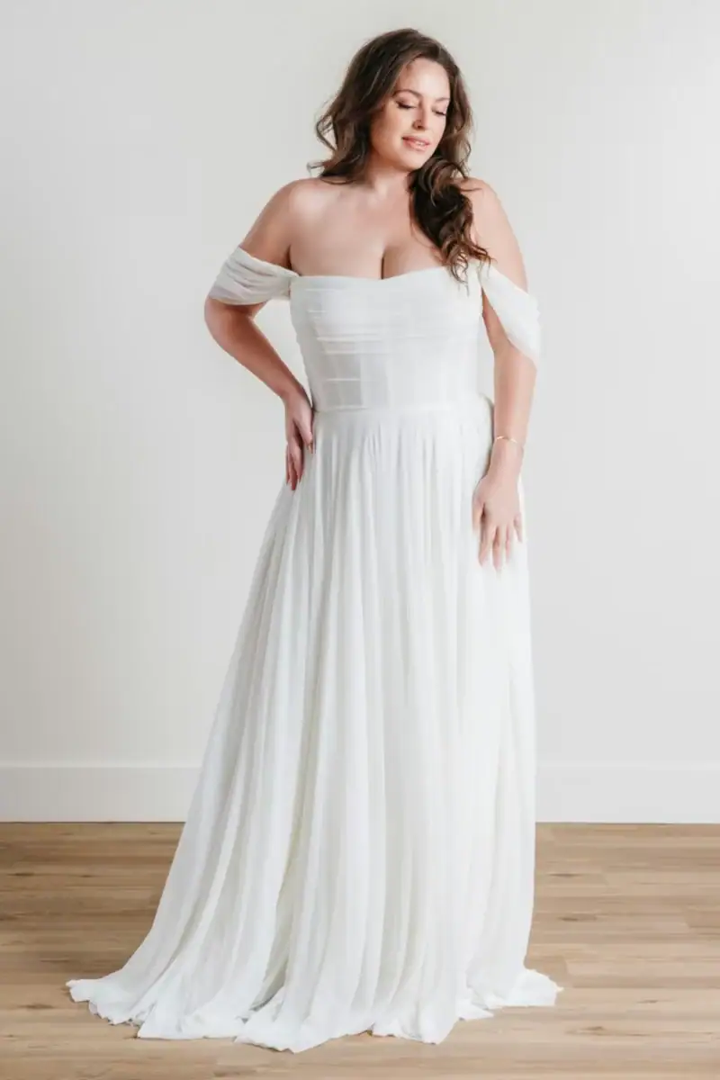 watters keala chiffon a-line wedding dress with off the shoulder neckline