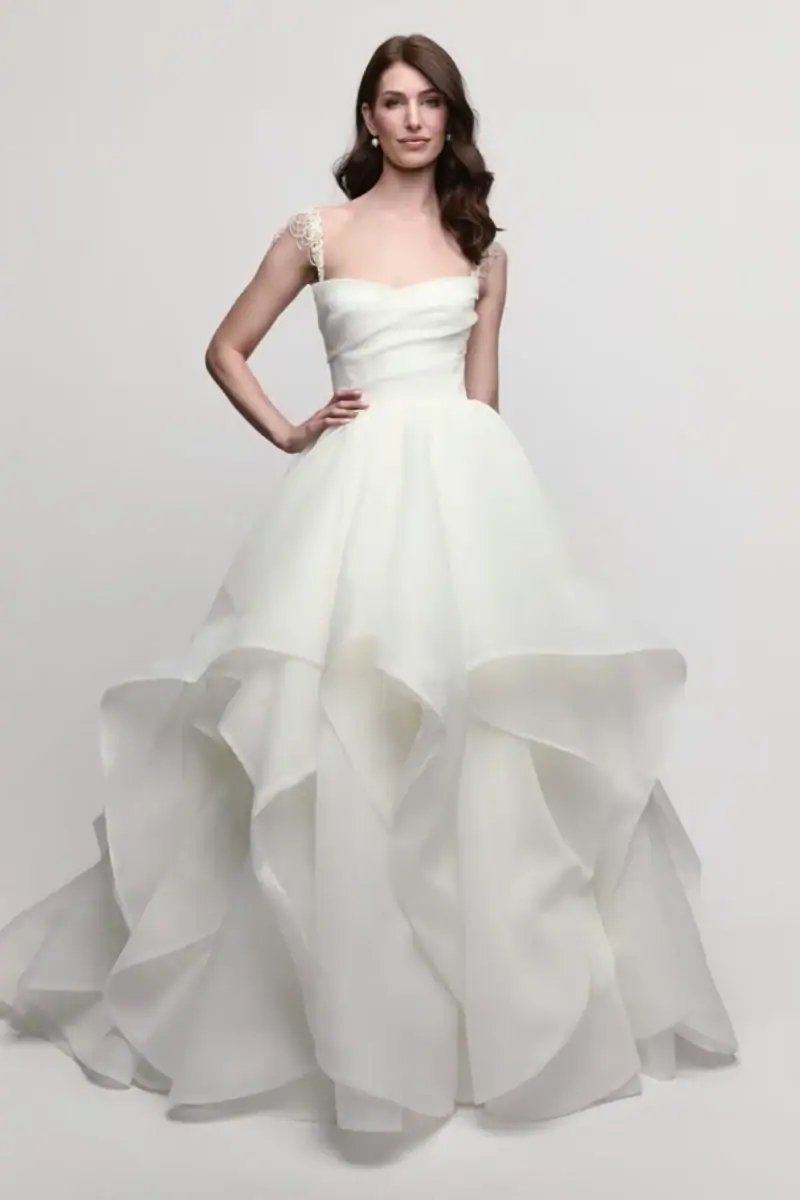 watters organza ball gown wedding dress with beaded straps and layered skirt