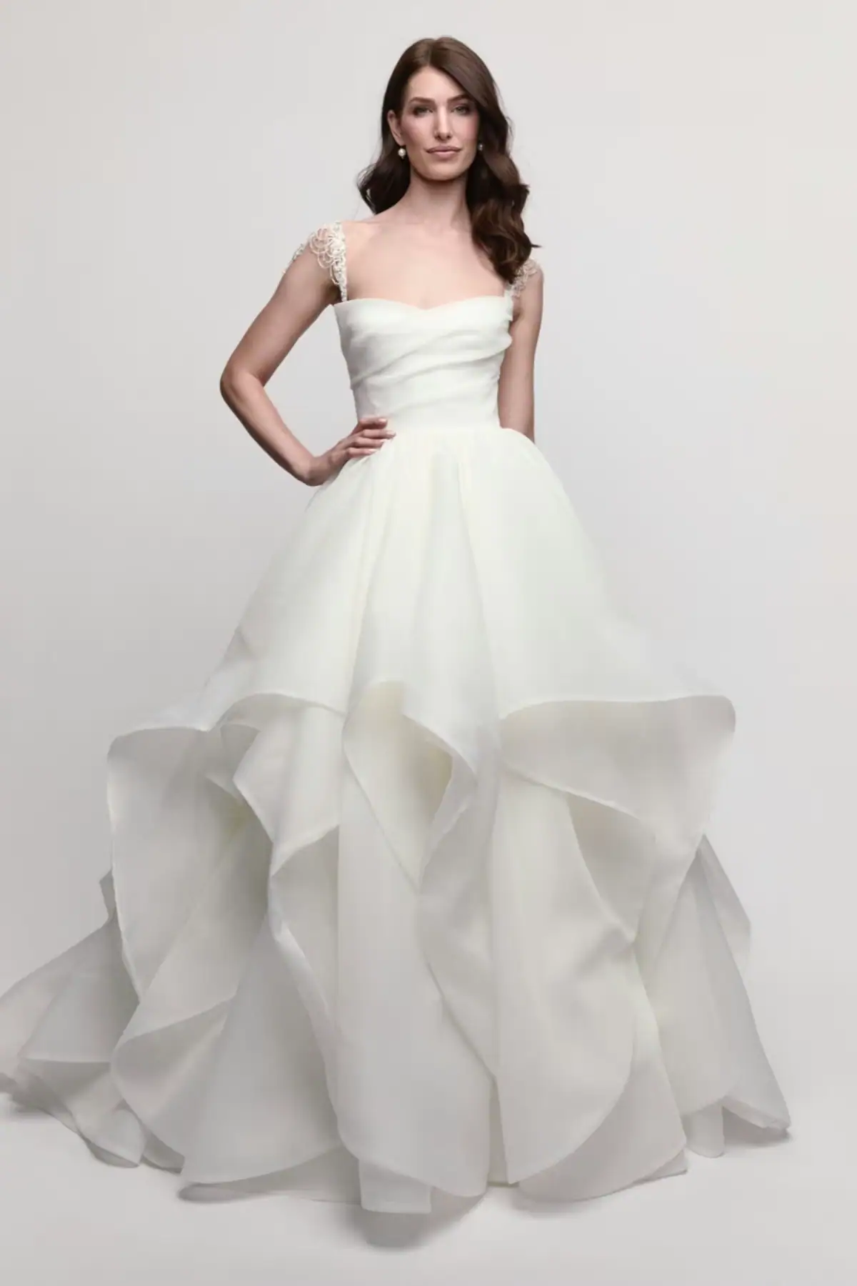 watters organza ball gown wedding dress with beaded straps and layered skirt